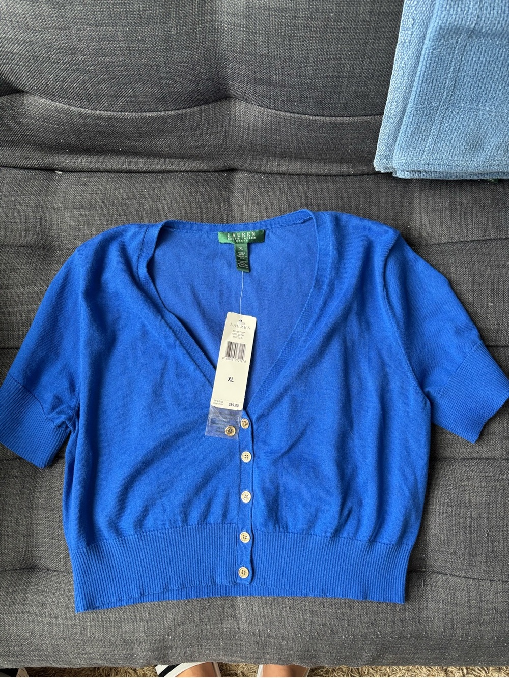 Lauren Ralph Lauren Cobalt Blue Short-Sleeve V-Neck Button Cardigan
